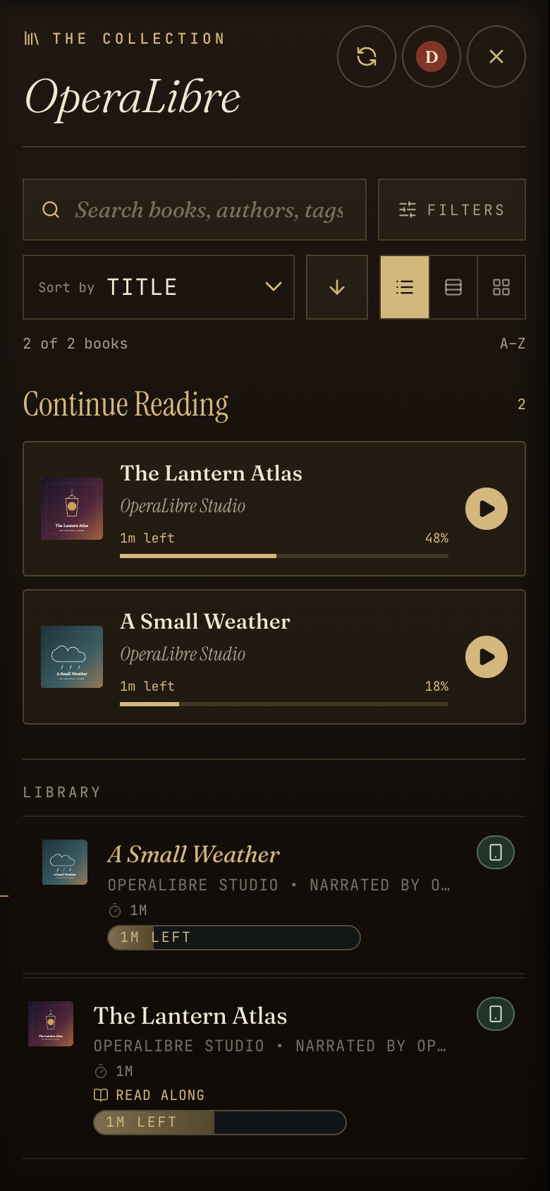 OperaLibre mobile library with Continue Reading